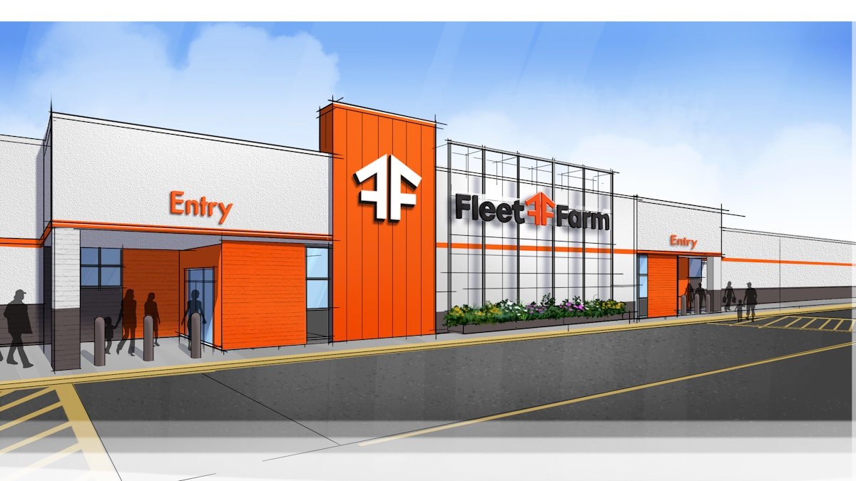 Fleet Farm retail store exterior with branded signage and environmental graphics