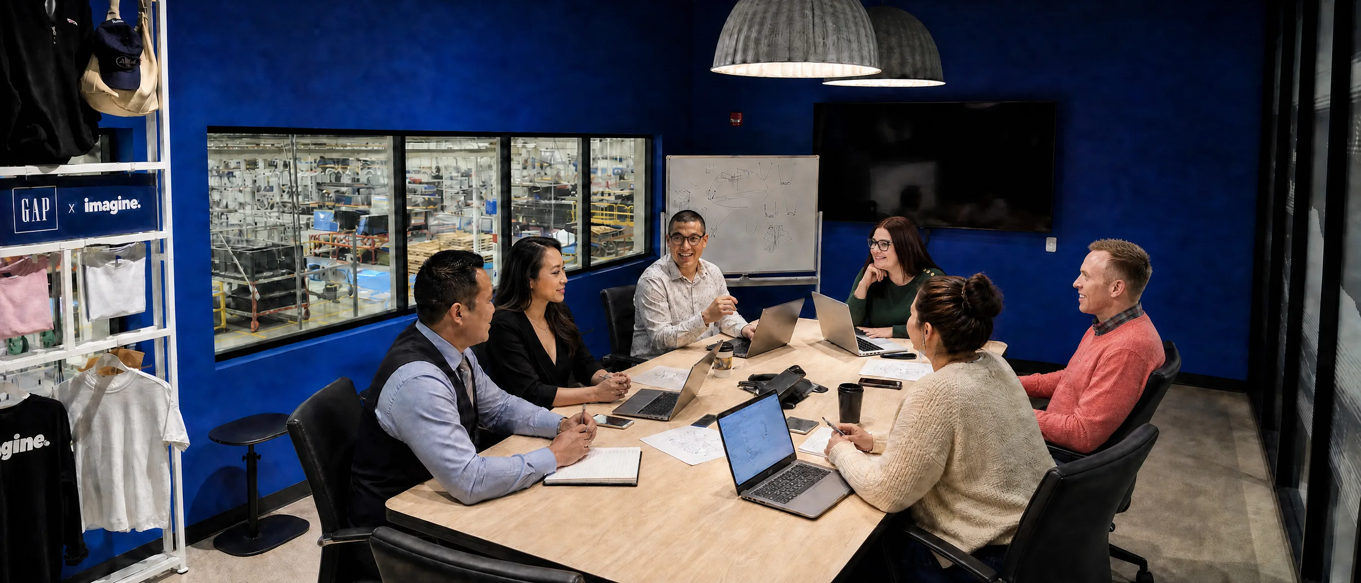 Imagine creative team collaborating in a conference room overlooking the production floor