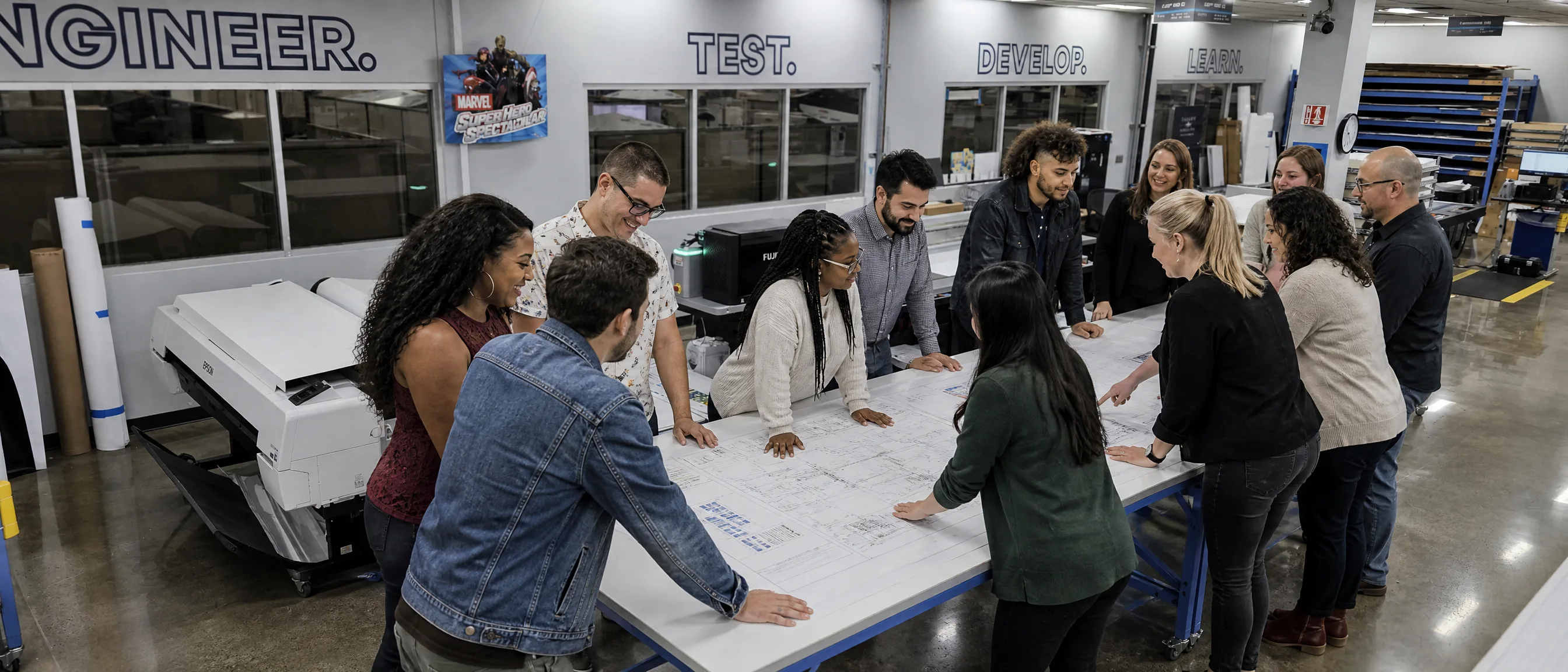 Imagine team reviewing large format production plans in the studio lab