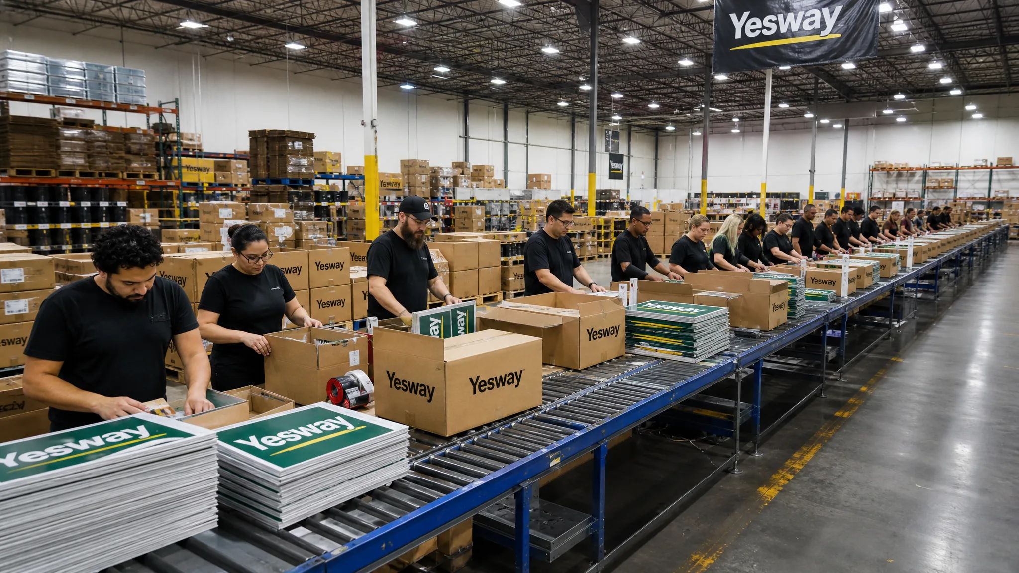 Imagine production team kitting Aloha Petroleum signage along a warehouse conveyor line